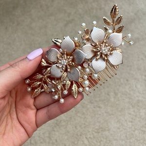 Hair accessory - flower and leaves - pink and gold